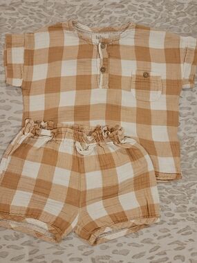 BUHO Ivory/ Spice Muslin Gingham Set 24M